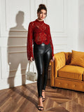  | SHEIN Allurite Burgundy Sexy Cut Out Lace See-Through Flare Sleeve Four Seasons Knit Women's Blouse, Haute Women Tops,Fitted Elegant Crew Neck Tops | Top | Shein | OneHub