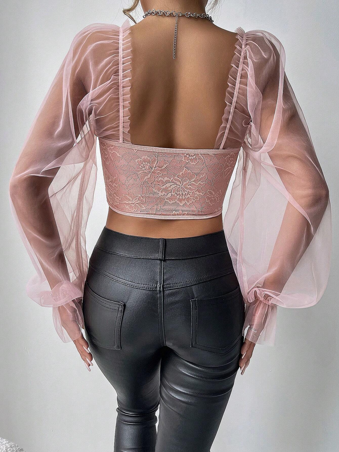  | SHEIN Allurite Women Fashionable Mesh & Lace Splice Off Shoulder Structured Top With Fishbone Shaping And Press Line For Summer | Sweater | Shein | OneHub