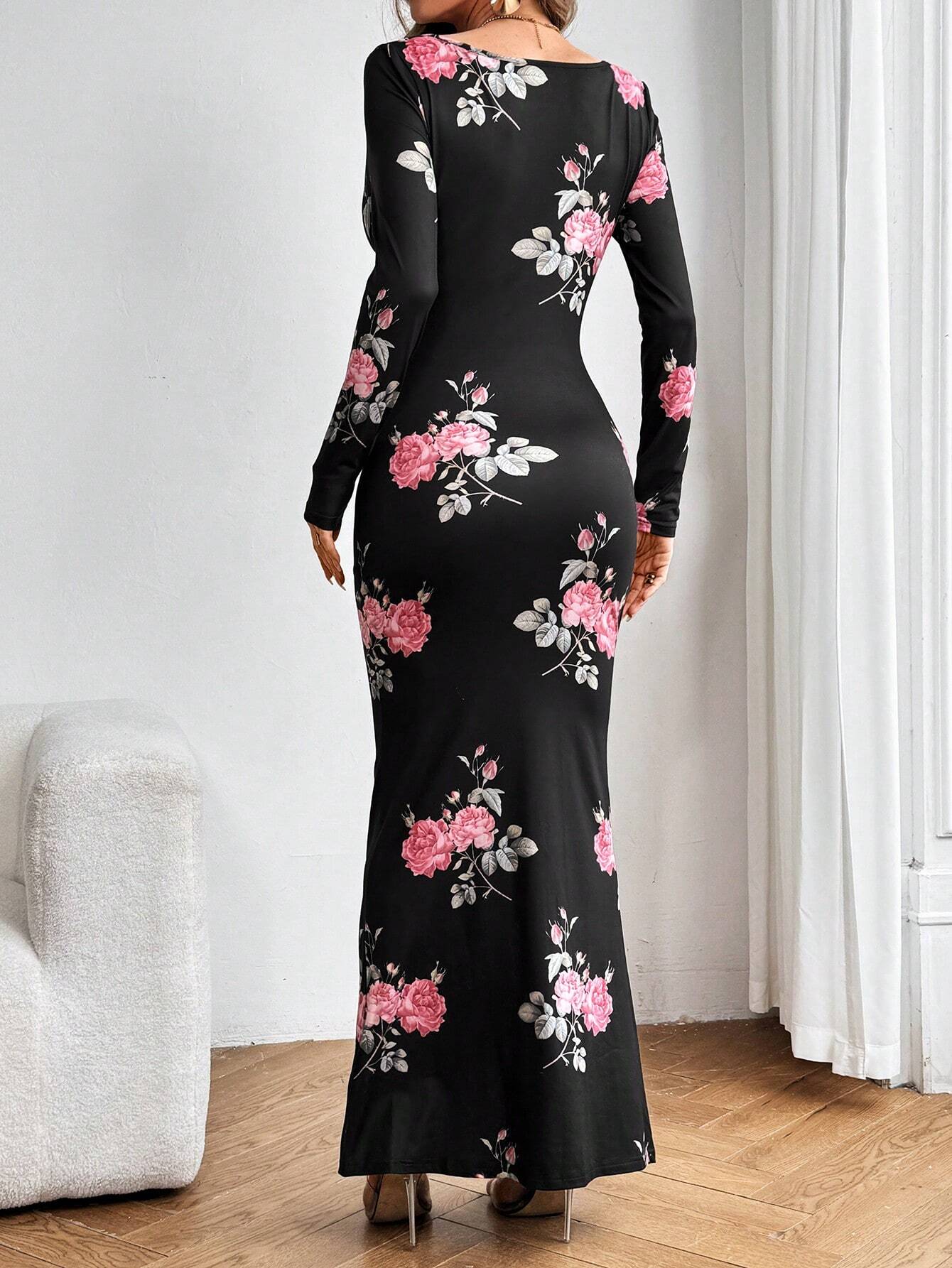  | SHEIN Aloruh Women's Floral Print Cowl Collar Long Dress | Dress | Shein | OneHub