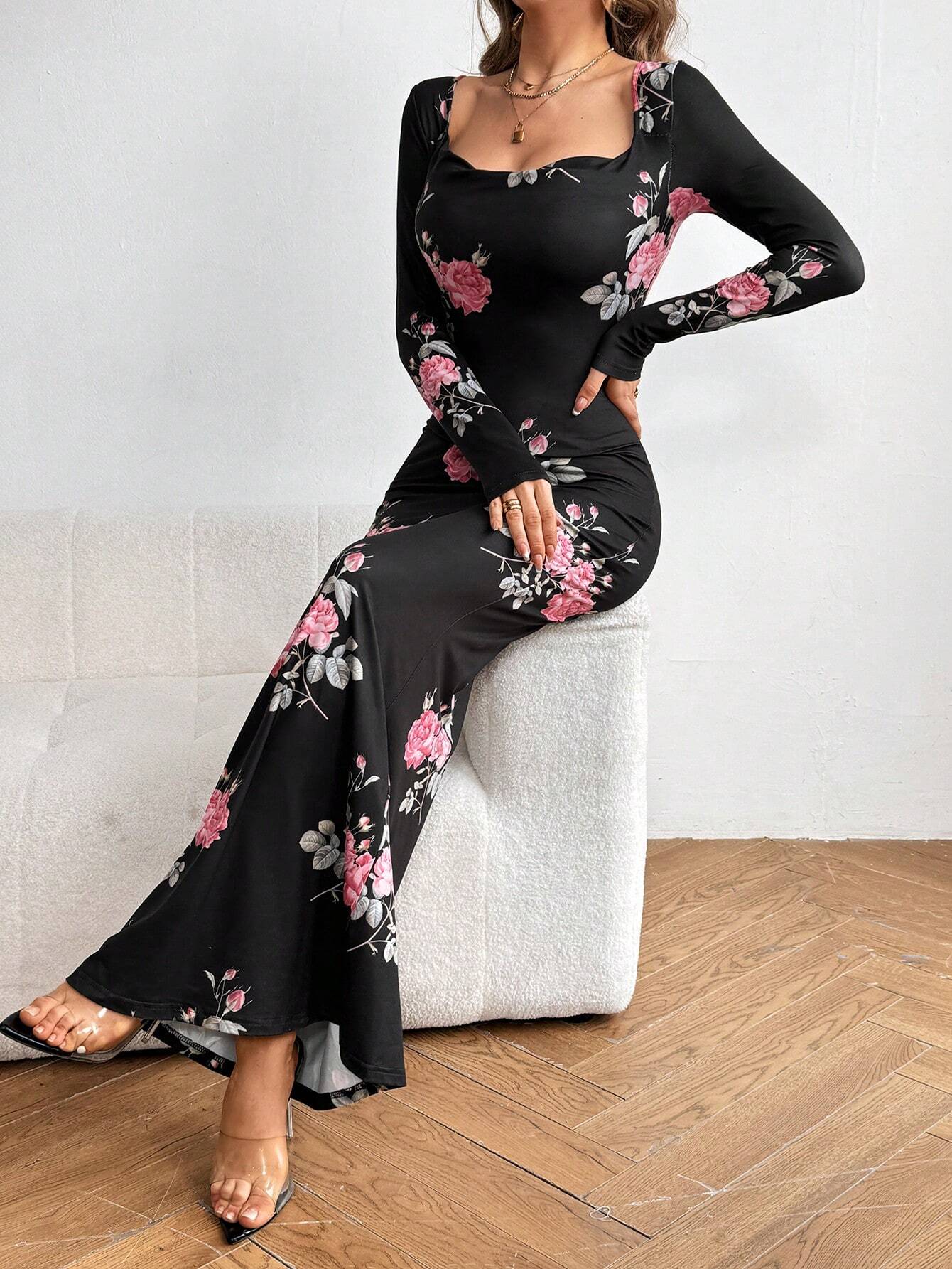  | SHEIN Aloruh Women's Floral Print Cowl Collar Long Dress | Dress | Shein | OneHub