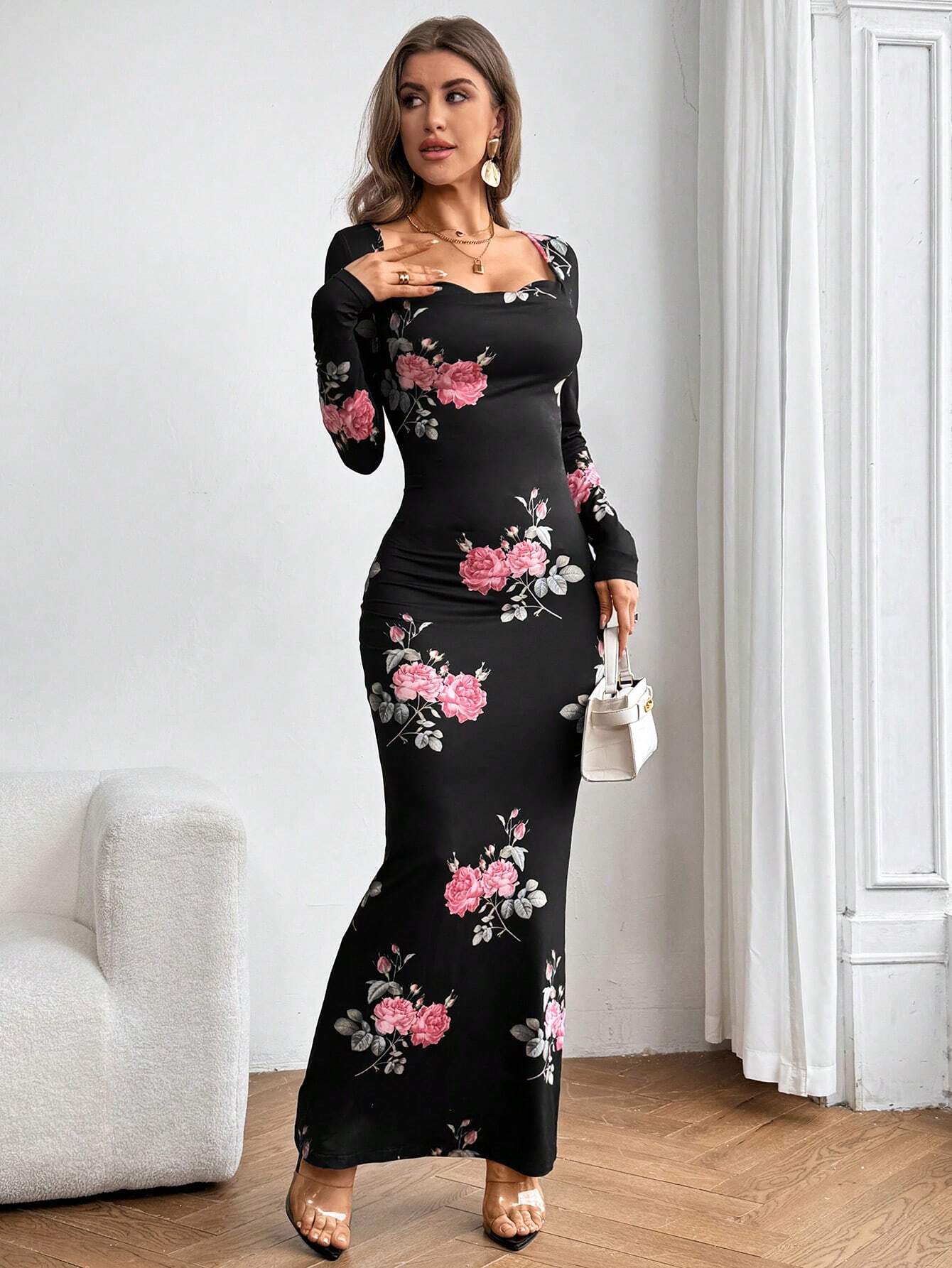  | SHEIN Aloruh Women's Floral Print Cowl Collar Long Dress | Dress | Shein | OneHub