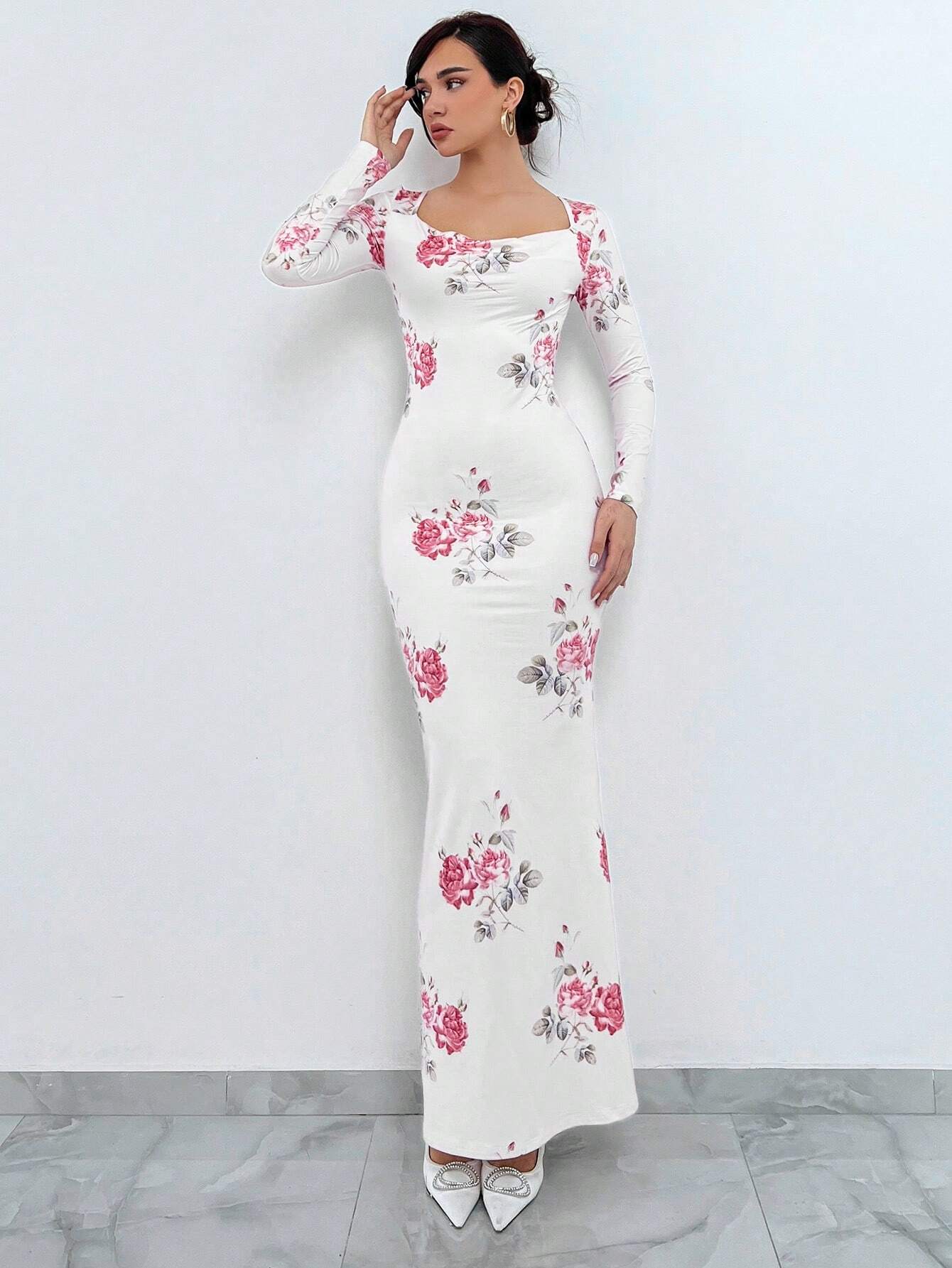  | SHEIN Aloruh Women's Floral Printed Long Sleeve Mermaid Hem Dress | Dress | Shein | OneHub