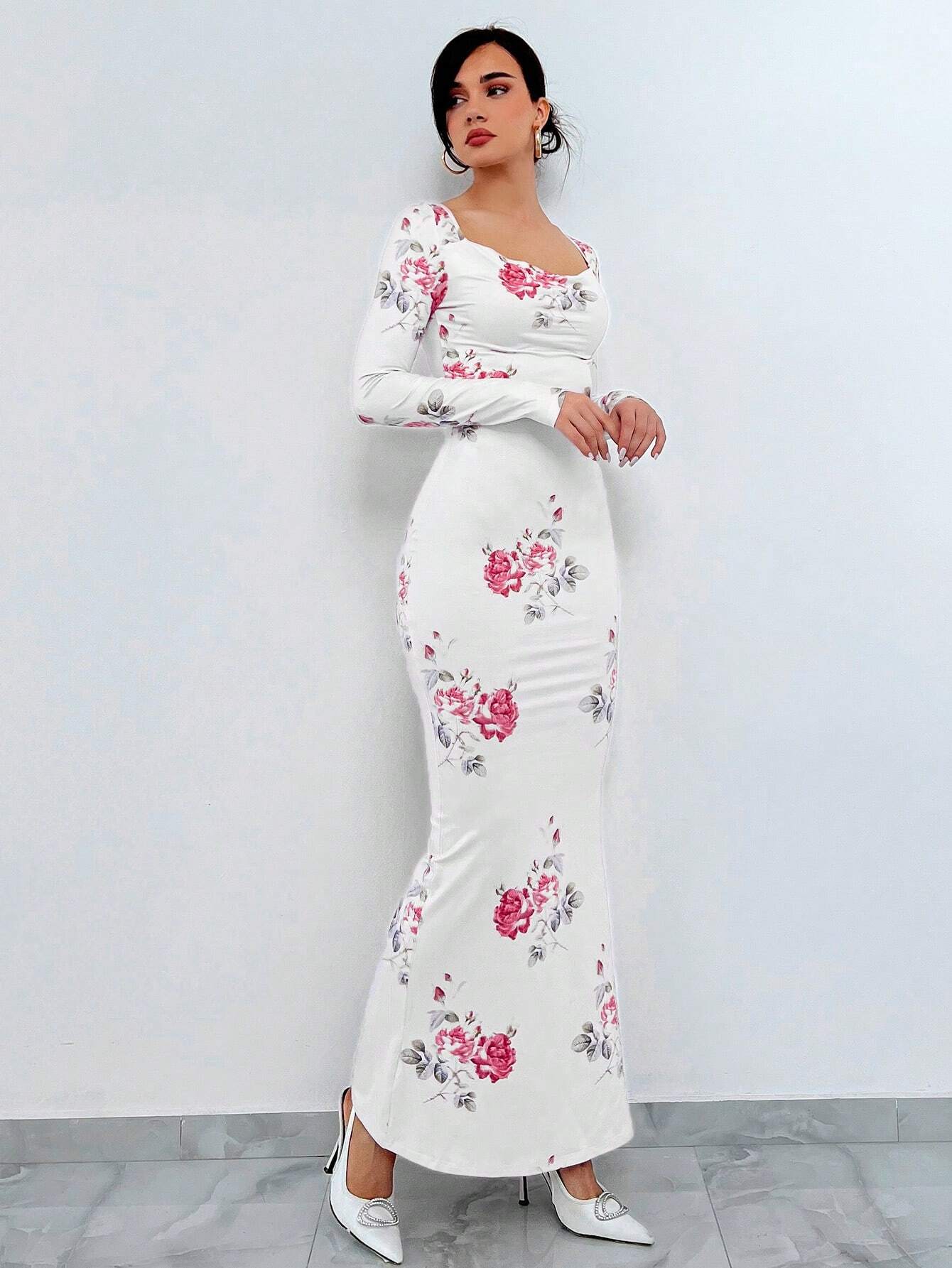  | SHEIN Aloruh Women's Floral Printed Long Sleeve Mermaid Hem Dress | Dress | Shein | OneHub