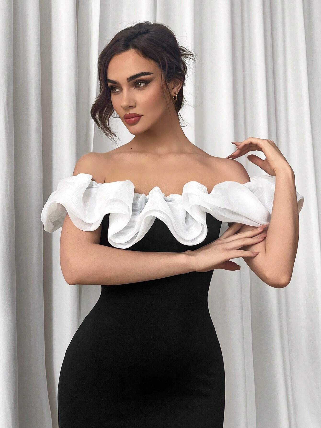 SHEIN Aloruh Women's Off Shoulder Ruffled Organza Spliced Slim Long Dr |  Dress
