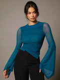  | SHEIN BAE Dark Green Round Neck Pleated Asymmetric Large Trumpet Long Sleeve Mesh Women's Top | Top | Shein | OneHub