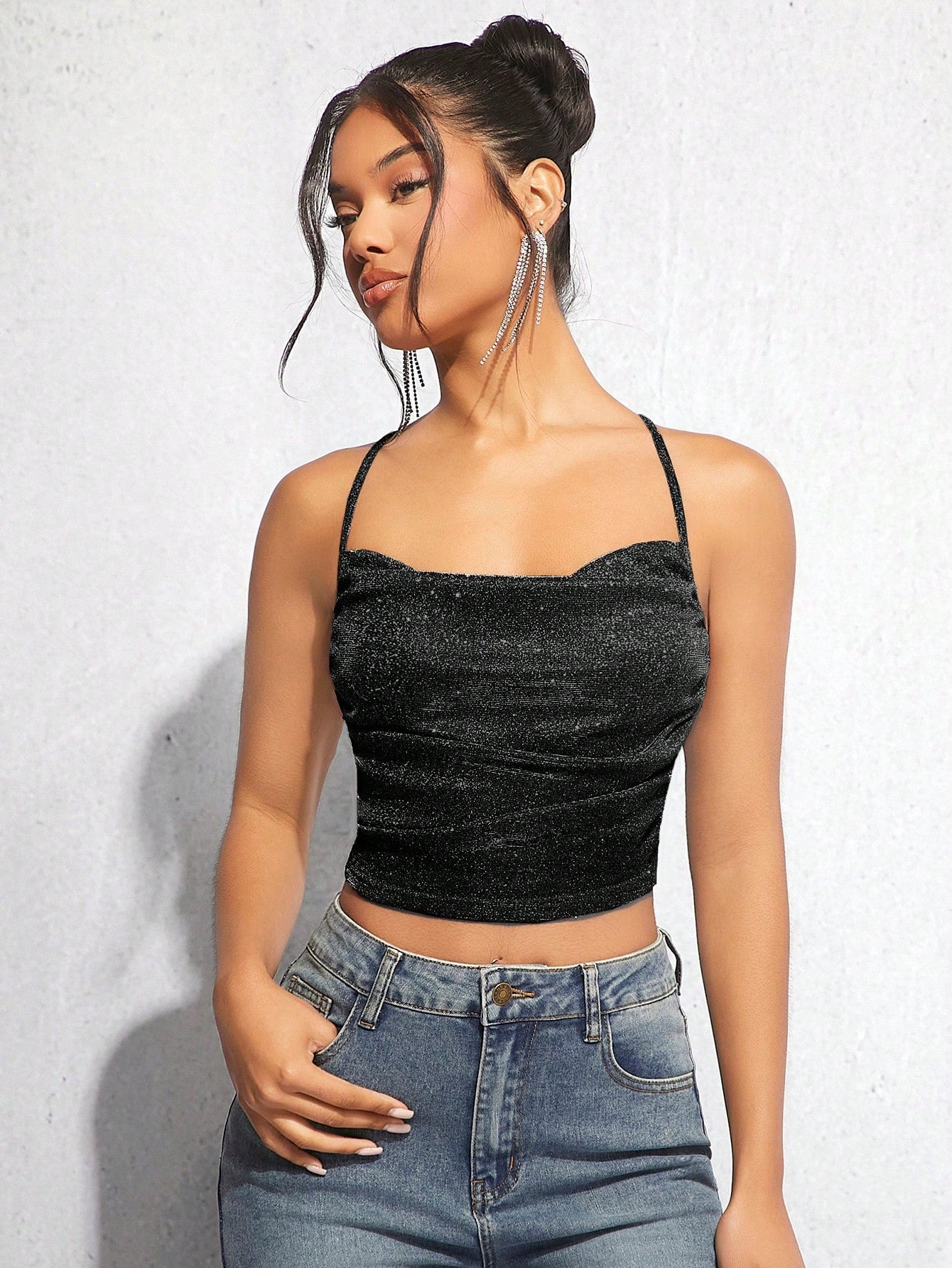  | SHEIN BAE Draped Crisscross Backless Ruched Glitter Cami Top | Top | Shein | OneHub