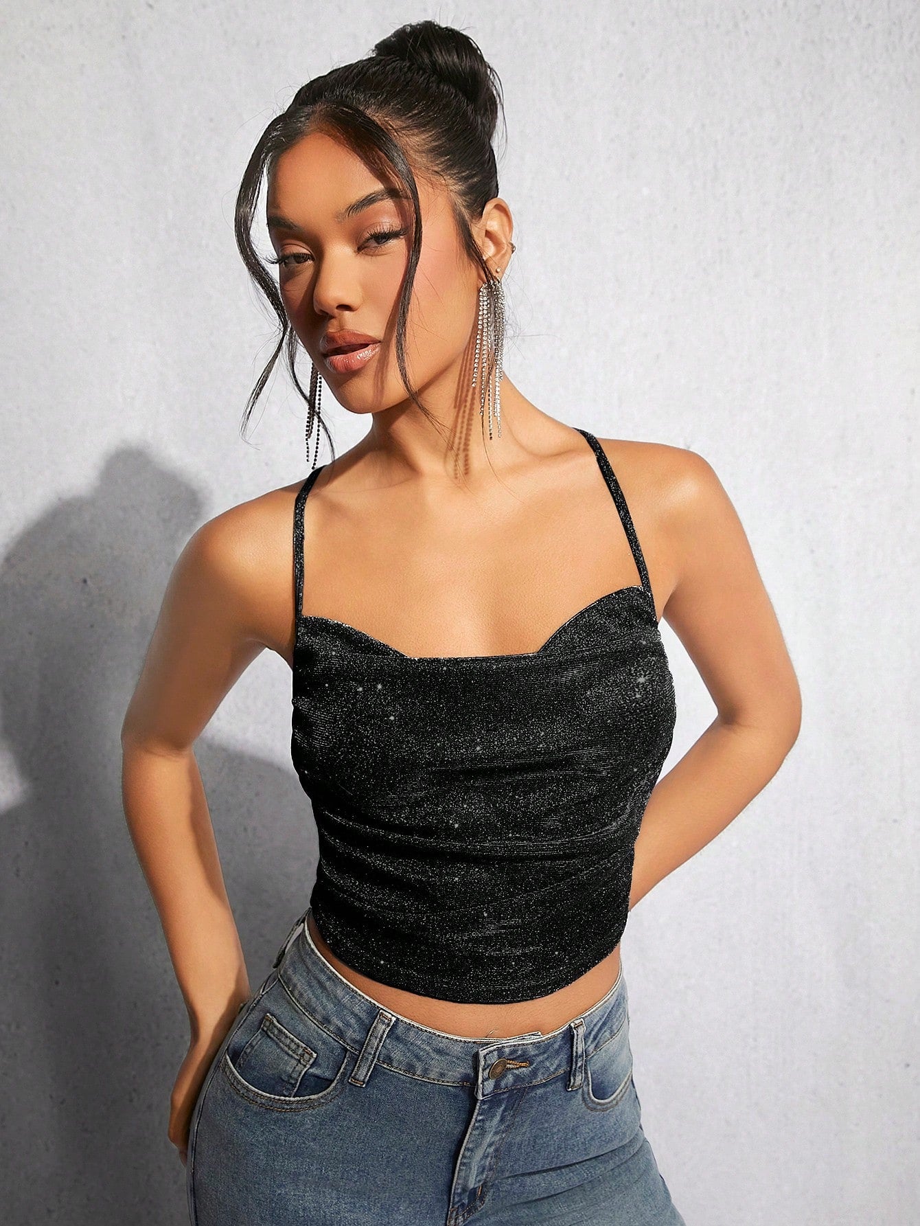  | SHEIN BAE Draped Crisscross Backless Ruched Glitter Cami Top | Top | Shein | OneHub