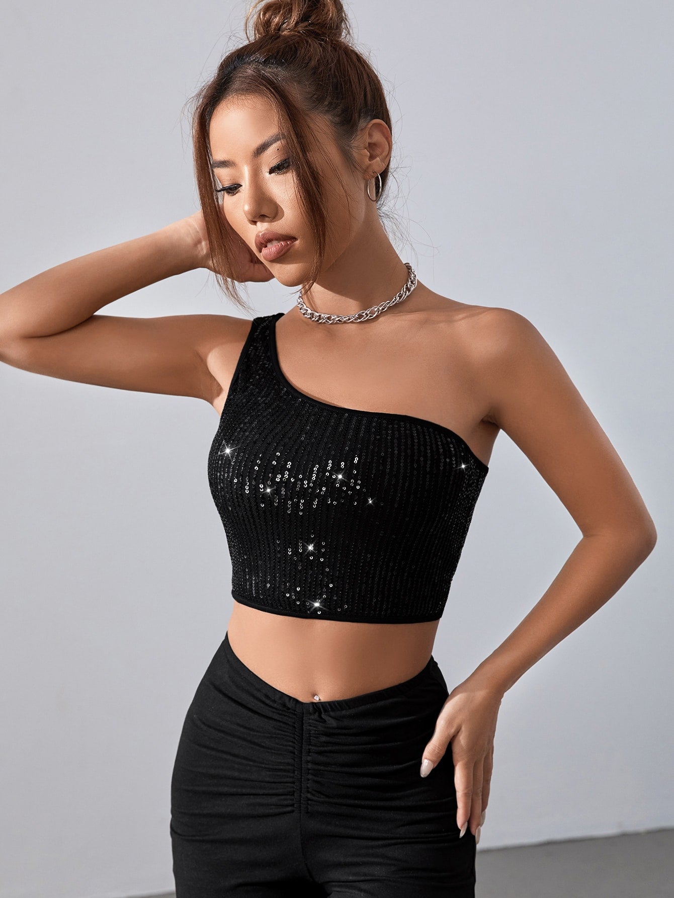  | SHEIN BAE One Shoulder Sequin Crop Top | Top | Shein | OneHub