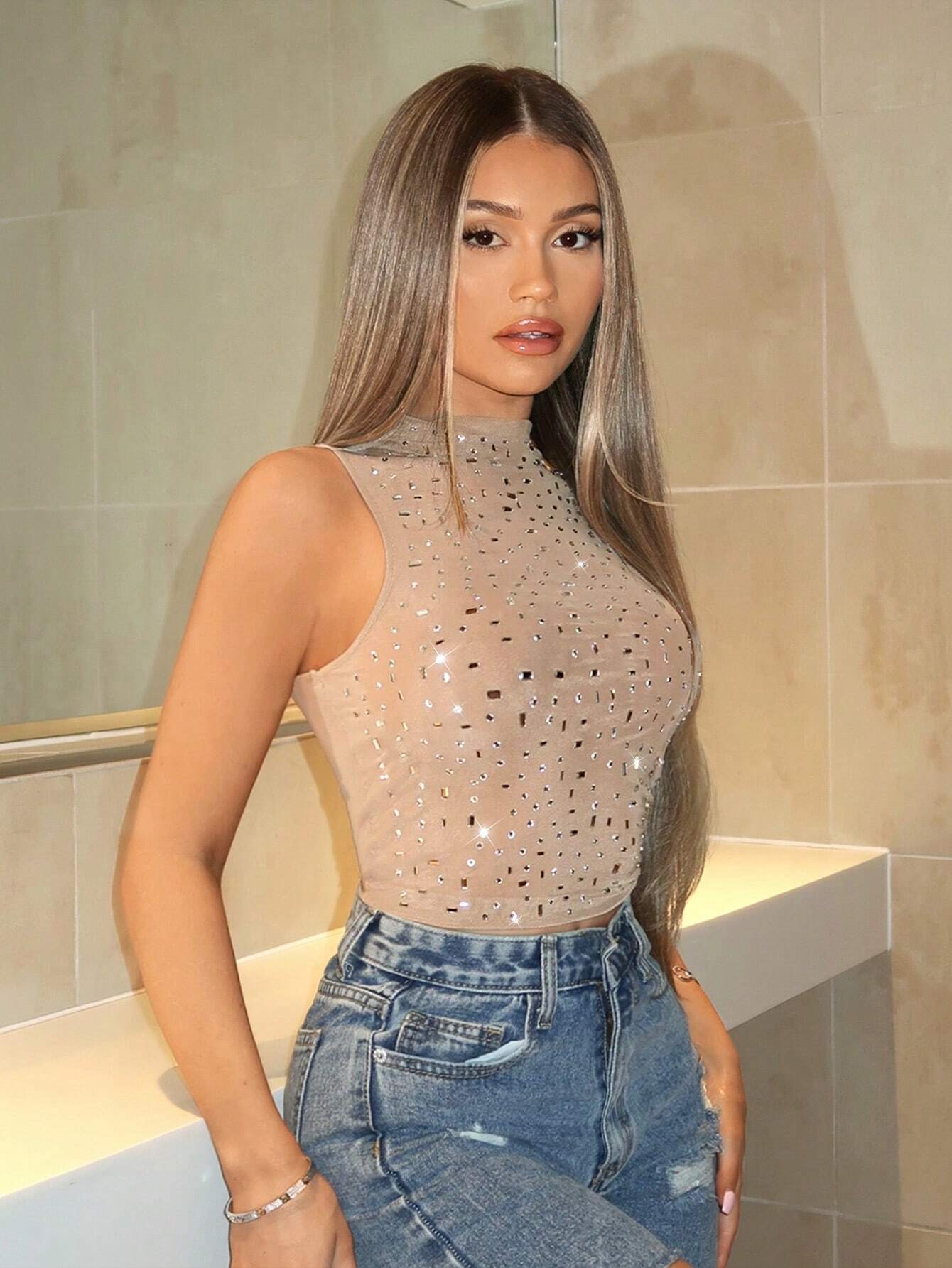  | SHEIN BAE Plain Khaki Nude Color Country Concert Outfit & Country Festival Outfits & Music Festival Outfits & Concert Outfits Splendid Rhinestone Mesh Gorgeous Party Streetwear Evening Date Summer Tight See-Through Sexy Tank Top | Top | Shein | OneHub