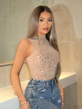  | SHEIN BAE Plain Khaki Nude Color Country Concert Outfit & Country Festival Outfits & Music Festival Outfits & Concert Outfits Splendid Rhinestone Mesh Gorgeous Party Streetwear Evening Date Summer Tight See-Through Sexy Tank Top | Top | Shein | OneHub