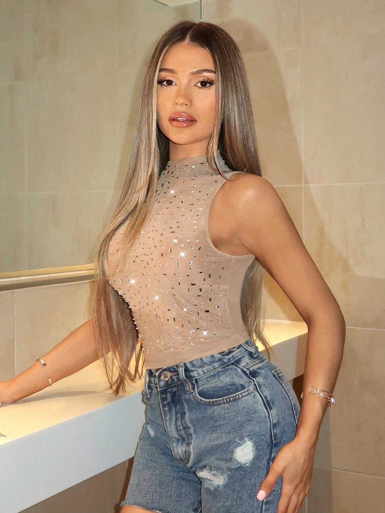  | SHEIN BAE Plain Khaki Nude Color Country Concert Outfit & Country Festival Outfits & Music Festival Outfits & Concert Outfits Splendid Rhinestone Mesh Gorgeous Party Streetwear Evening Date Summer Tight See-Through Sexy Tank Top | Top | Shein | OneHub