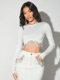  | SHEIN BAE Women Long Sleeve Glitter Tassel Diamond Chain White T-Shirt | Top | Shein | OneHub