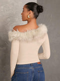  | SHEIN BAE Women's Fall Patchwork Fluffy Off Shoulder Long Sleeve Fitted Elegant Blouse,Long Sleeve Women Tops,Going Out Tops | Blouse | Shein | OneHub