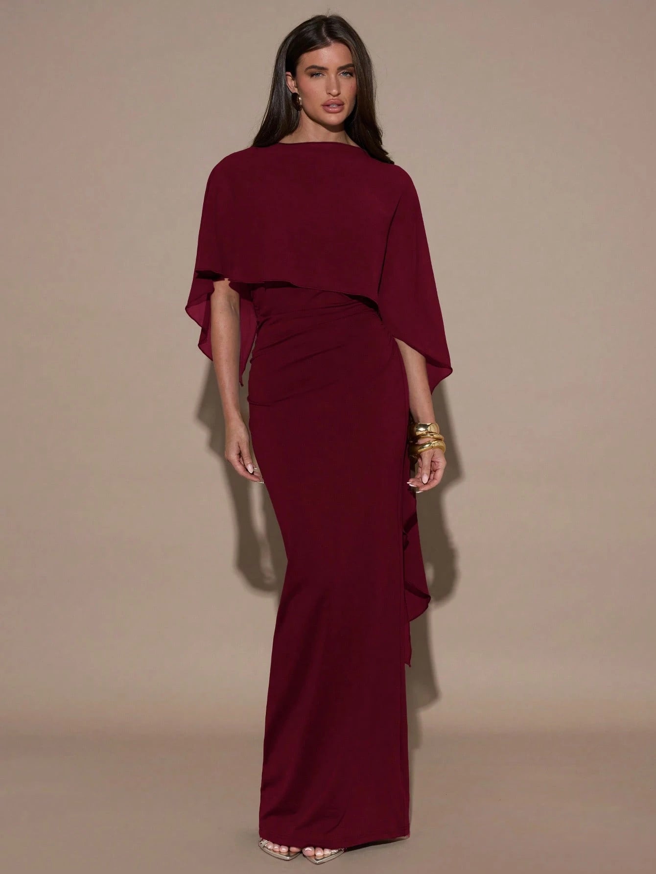 shein bridesmaid dresses burgundy SHEIN Belle Burgundy Red Women's Elegant Wine Red Mesh Fabric V-Neck, Gathered, Asymmetrical Fluttering Sleeves, A-Line Hem, U-Shaped Back, Suitable For Weddings, Formal Bridesmaid Dresses