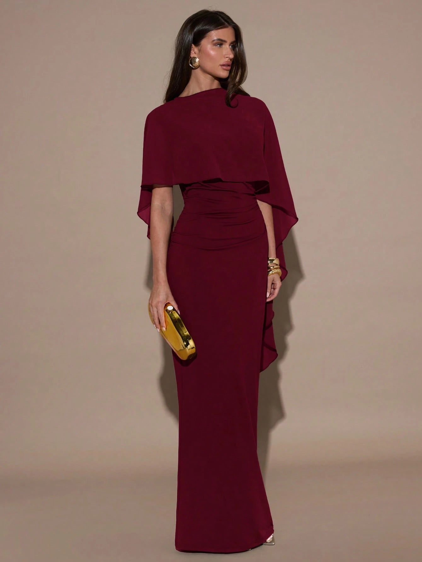 solid burgundy dress Solid 3/4 Sleeve Wrap Dress with Pockets (Burgundy)