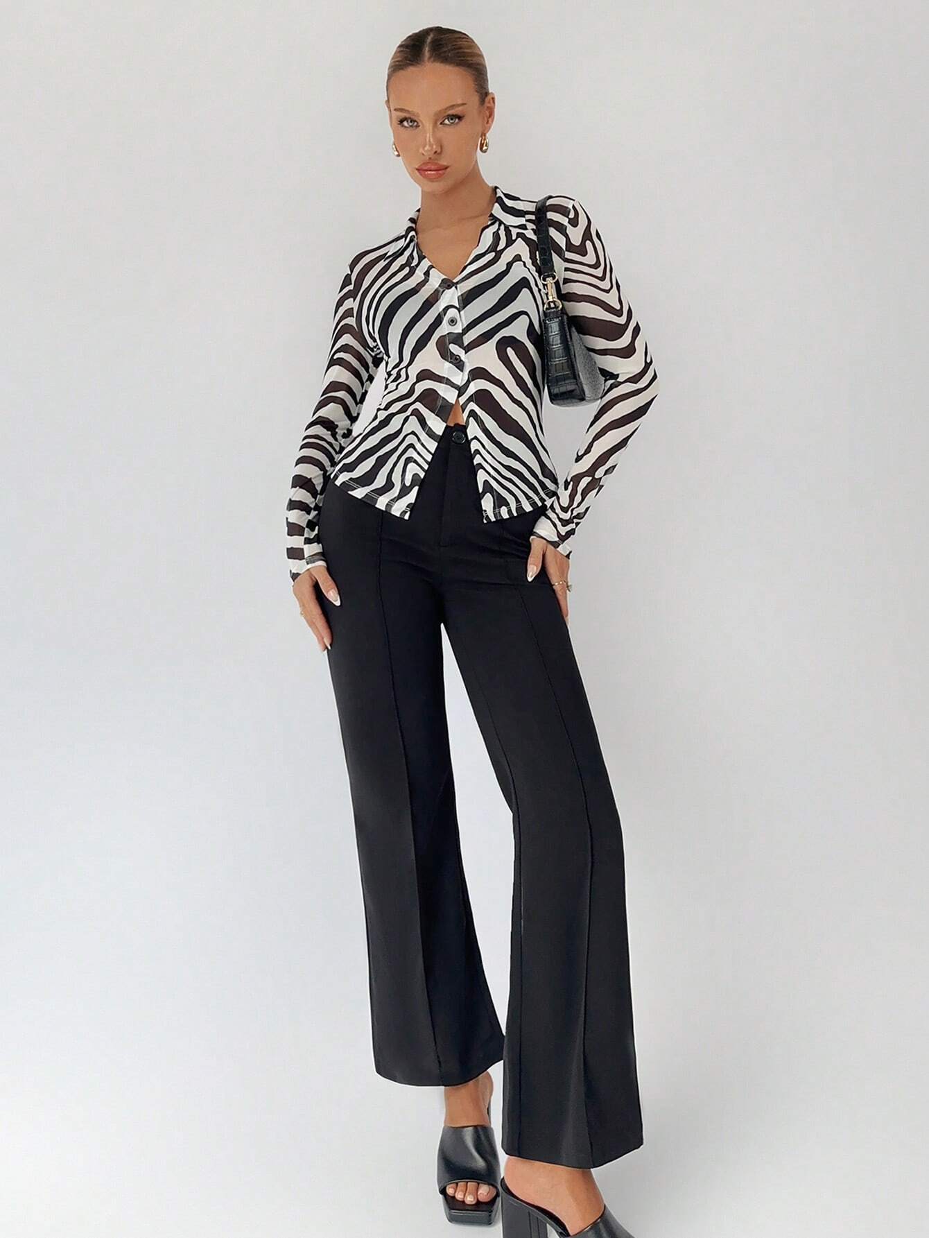  | SHEIN BIZwear Zebra Striped Button Front Mesh Top Without Bra | Shirt | Shein | OneHub