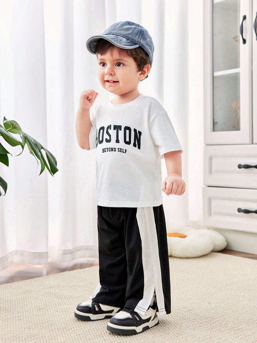  | SHEIN Baby Boy/Girl Casual Street Style Letter Print Short Sleeve Top Elastic Waist Color Block Pants Set | Dress | Shein | OneHub