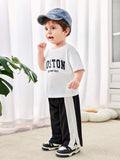  | SHEIN Baby Boy/Girl Casual Street Style Letter Print Short Sleeve Top Elastic Waist Color Block Pants Set | Dress | Shein | OneHub