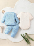  | SHEIN Baby Boys' Light Blue Car Printed Long Pants & Long Sleeve Bodysuit With Light Apricot Short Sleeve Bodysuit, 3pcs/Set Home Wear | Bodysuit | Shein | OneHub
