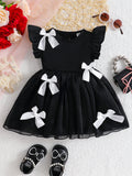 SHEIN Baby Girl Elegant Sweet Casual Black & White Dress For Spring/Summer, Combining Classic Black & White With Adorable Details Like 3D Bow & Ruffle Sleeves