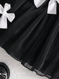 SHEIN Baby Girl Elegant Sweet Casual Black & White Dress For Spring/Summer, Combining Classic Black & White With Adorable Details Like 3D Bow & Ruffle Sleeves