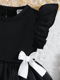 SHEIN Baby Girl Elegant Sweet Casual Black & White Dress For Spring/Summer, Combining Classic Black & White With Adorable Details Like 3D Bow & Ruffle Sleeves