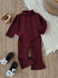 SHEIN Baby Girl Infant Toddler 0-3 Years Casual Daily Versatile Fashion Outerwear High Collar Drop Shoulder Ribbed Knit Long Sleeve Top + Flared Pants Set, Infant Autumn/Winter Clothing, Khaki Fall