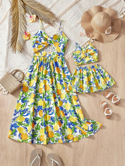 SHEIN Baby Girl Lemon Print Sleeveless Crop Top And Mini Skirt Set, Su |  Dress