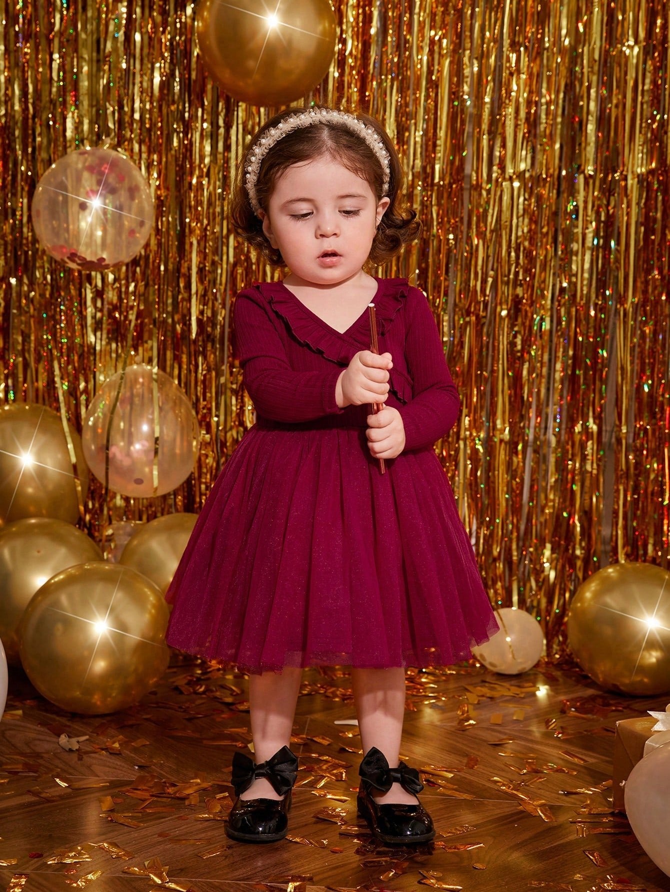  | SHEIN Baby Girl Romantic Knitted Mesh Patchwork Dress With Ruffle Hem, Long Sleeve | Dress | Shein | OneHub