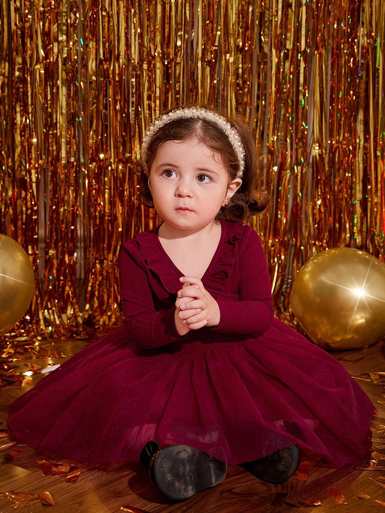  | SHEIN Baby Girl Romantic Knitted Mesh Patchwork Dress With Ruffle Hem, Long Sleeve | Dress | Shein | OneHub