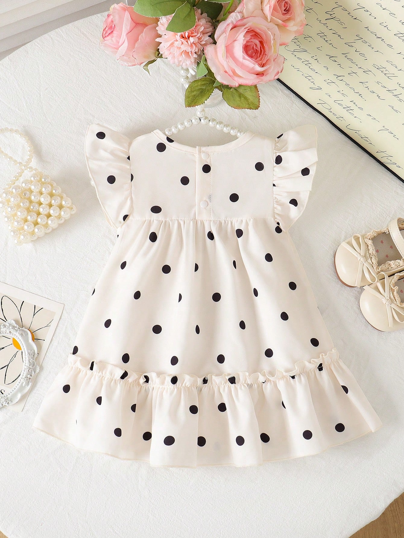 SHEIN Baby Girls' Summer Polka Dot Dress  Black & White Dots+Bow Decor On Chest+Flare Sleeves  Soft & Cute  Suitable For Daily Outings And Photo Shoots
