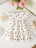 SHEIN Baby Girls' Summer Polka Dot Dress  Black & White Dots+Bow Decor On Chest+Flare Sleeves  Soft & Cute  Suitable For Daily Outings And Photo Shoots