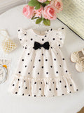 SHEIN Baby Girls' Summer Polka Dot Dress  Black & White Dots+Bow Decor On Chest+Flare Sleeves  Soft & Cute  Suitable For Daily Outings And Photo Shoots