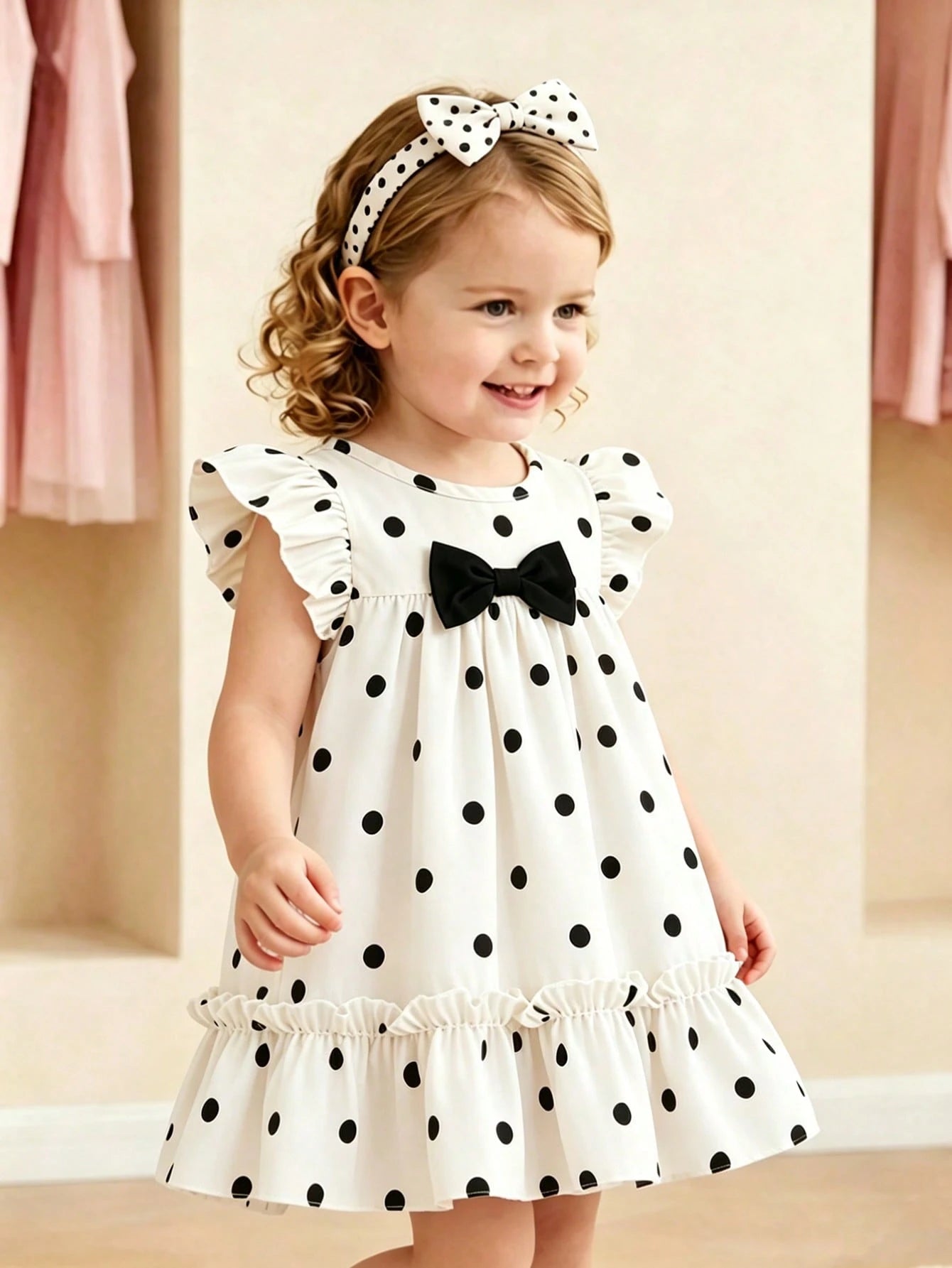 SHEIN Baby Girls' Summer Polka Dot Dress  Black & White Dots+Bow Decor On Chest+Flare Sleeves  Soft & Cute  Suitable For Daily Outings And Photo Shoots