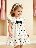 SHEIN Baby Girls' Summer Polka Dot Dress  Black & White Dots+Bow Decor On Chest+Flare Sleeves  Soft & Cute  Suitable For Daily Outings And Photo Shoots