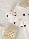 SHEIN Baby Girls' Summer Polka Dot Dress  Black & White Dots+Bow Decor On Chest+Flare Sleeves  Soft & Cute  Suitable For Daily Outings And Photo Shoots