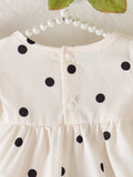 SHEIN Baby Girls' Summer Polka Dot Dress  Black & White Dots+Bow Decor On Chest+Flare Sleeves  Soft & Cute  Suitable For Daily Outings And Photo Shoots
