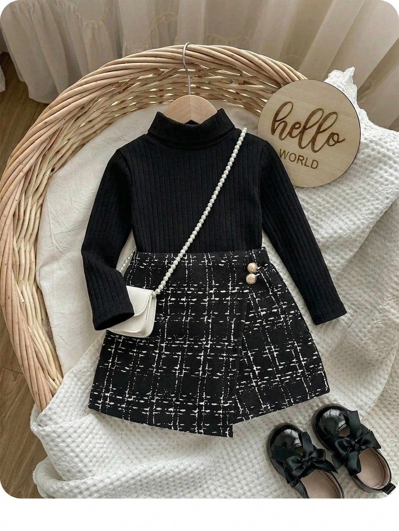 SHEIN Babygirl Knitted Black Long Sleeve Top And Plaid Elastic Waist Shorts Set, Autumn/Winter Fall