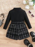 SHEIN Babygirl Knitted Black Long Sleeve Top And Plaid Elastic Waist Shorts Set, Autumn/Winter Fall