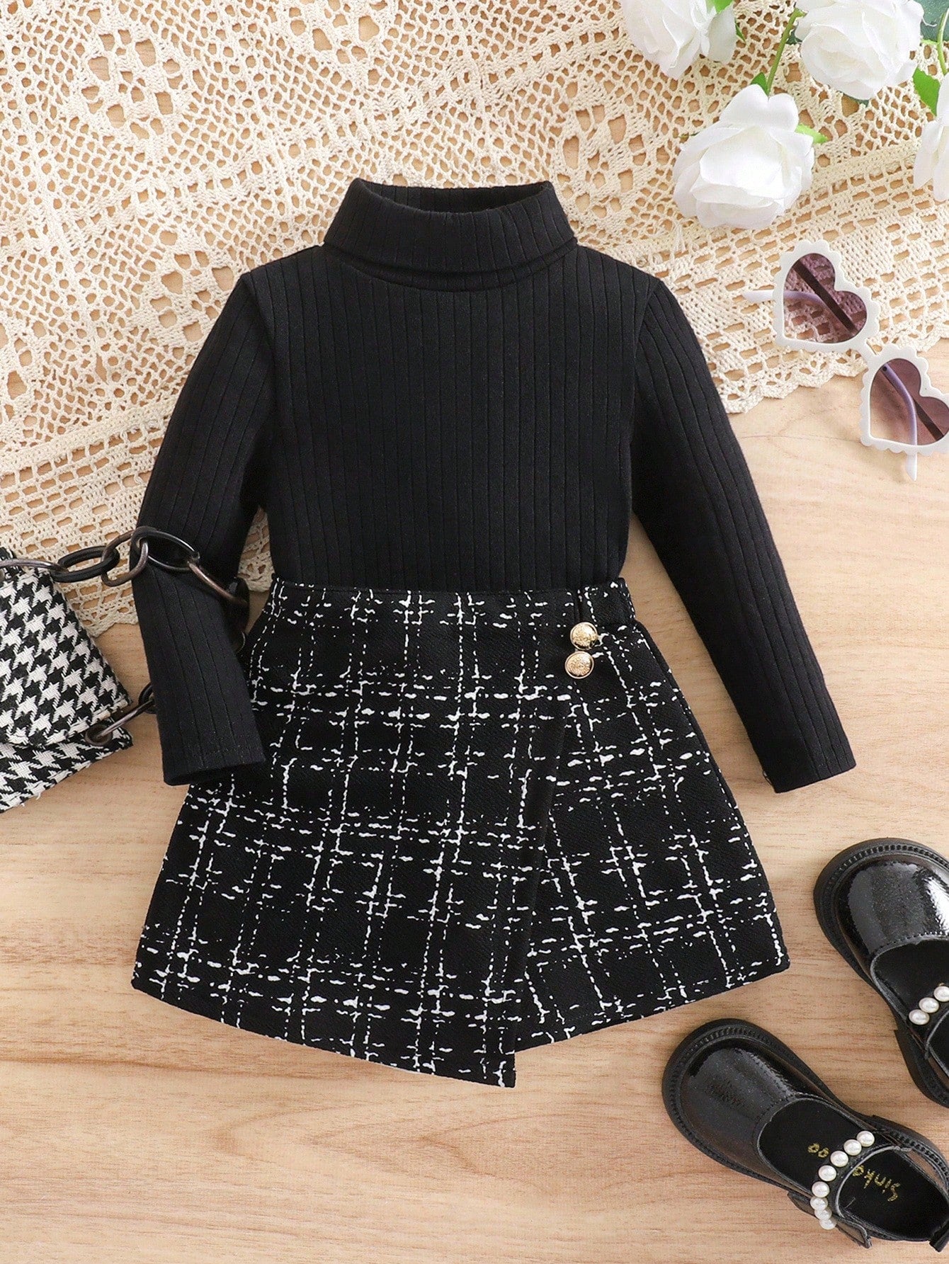 SHEIN Babygirl Knitted Black Long Sleeve Top And Plaid Elastic Waist Shorts Set, Autumn/Winter Fall