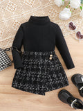 SHEIN Babygirl Knitted Black Long Sleeve Top And Plaid Elastic Waist Shorts Set, Autumn/Winter Fall