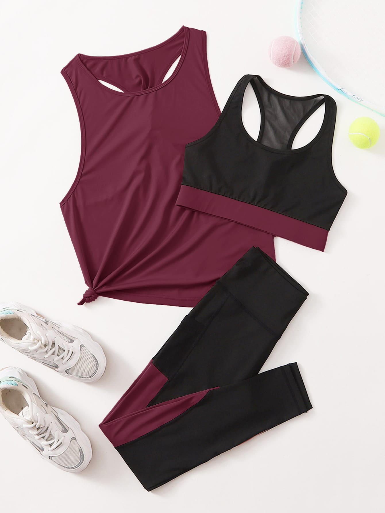 SHEIN Cheerettes 3Pcs Breathable Softness Colorblock Gym Outfits Set Fitness Gym Set Twist Back Top Wide Waistband Tights Workout Clothes Workout Women Set