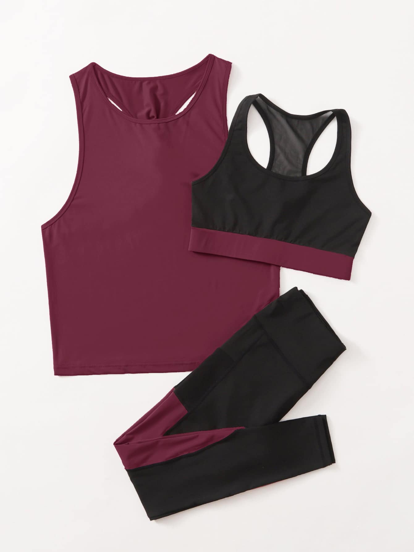 SHEIN Cheerettes 3Pcs Breathable Softness Colorblock Gym Outfits Set Fitness Gym Set Twist Back Top Wide Waistband Tights Workout Clothes Workout Women Set