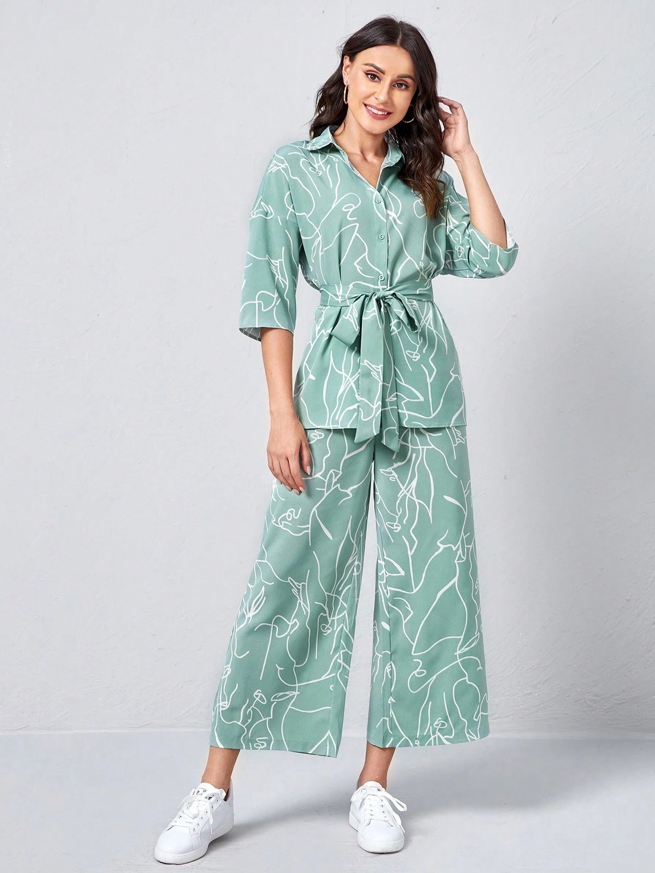  | SHEIN Clasi Collared Self Belted Allover Print Blouse & Wide Leg Pants Set | Top and Pant Set | Shein | OneHub