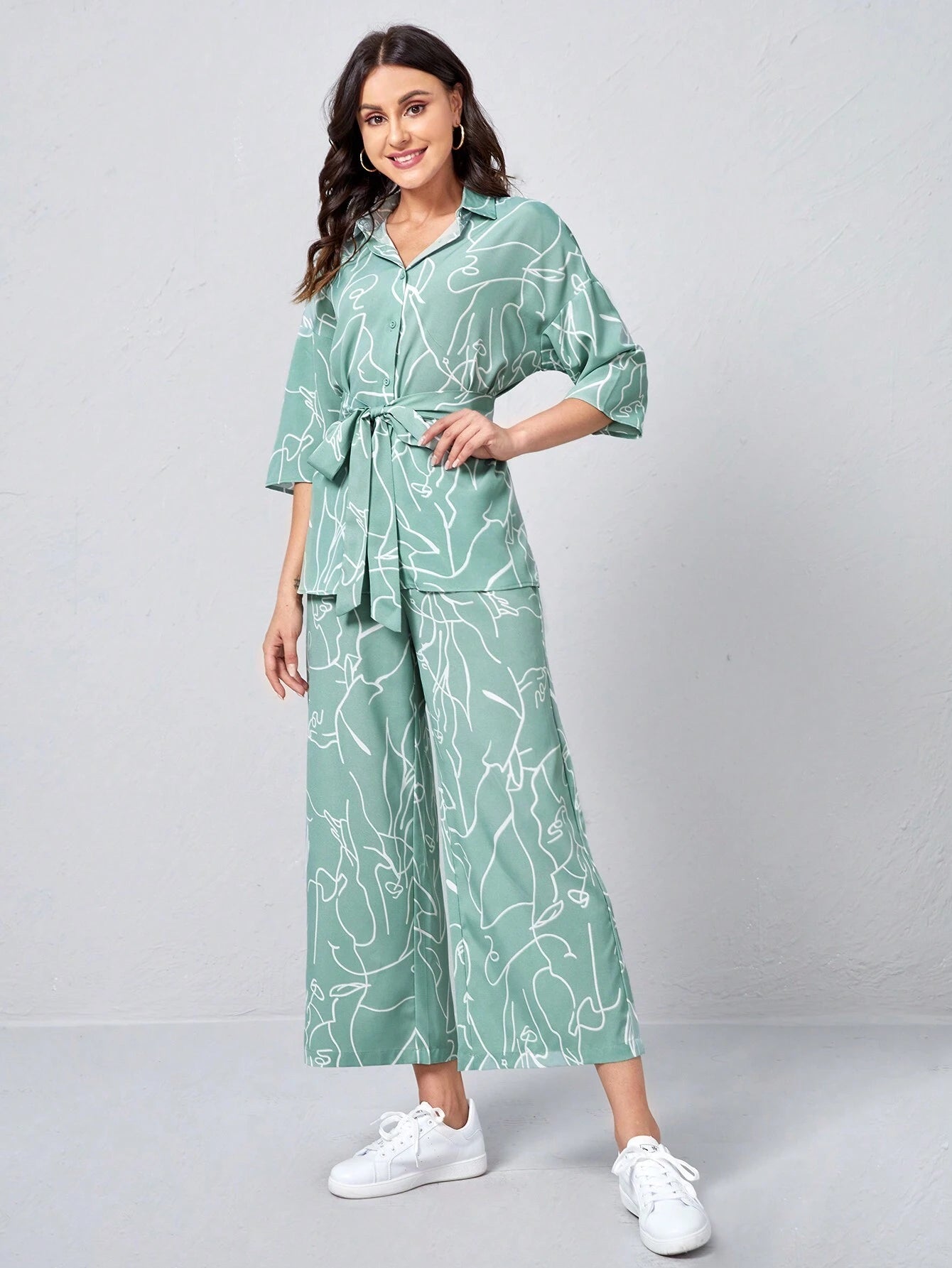  | SHEIN Clasi Collared Self Belted Allover Print Blouse & Wide Leg Pants Set | Top and Pant Set | Shein | OneHub