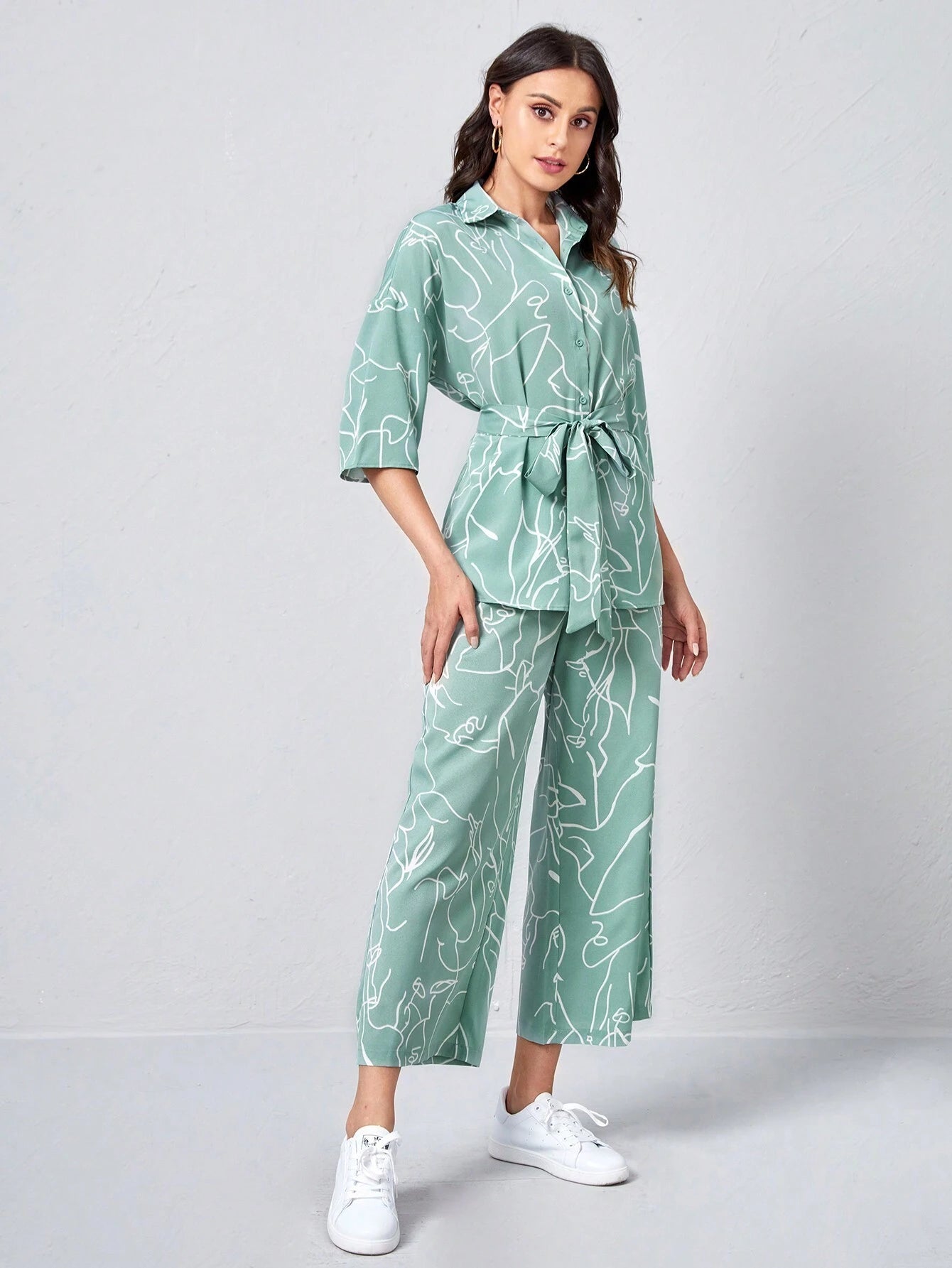 | SHEIN Clasi Collared Self Belted Allover Print Blouse & Wide Leg Pants Set | Top and Pant Set | Shein | OneHub