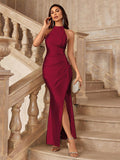 SHEIN Clasi Elegant Backless High Slit Cinching Waist Halter Neck Fashion Dress