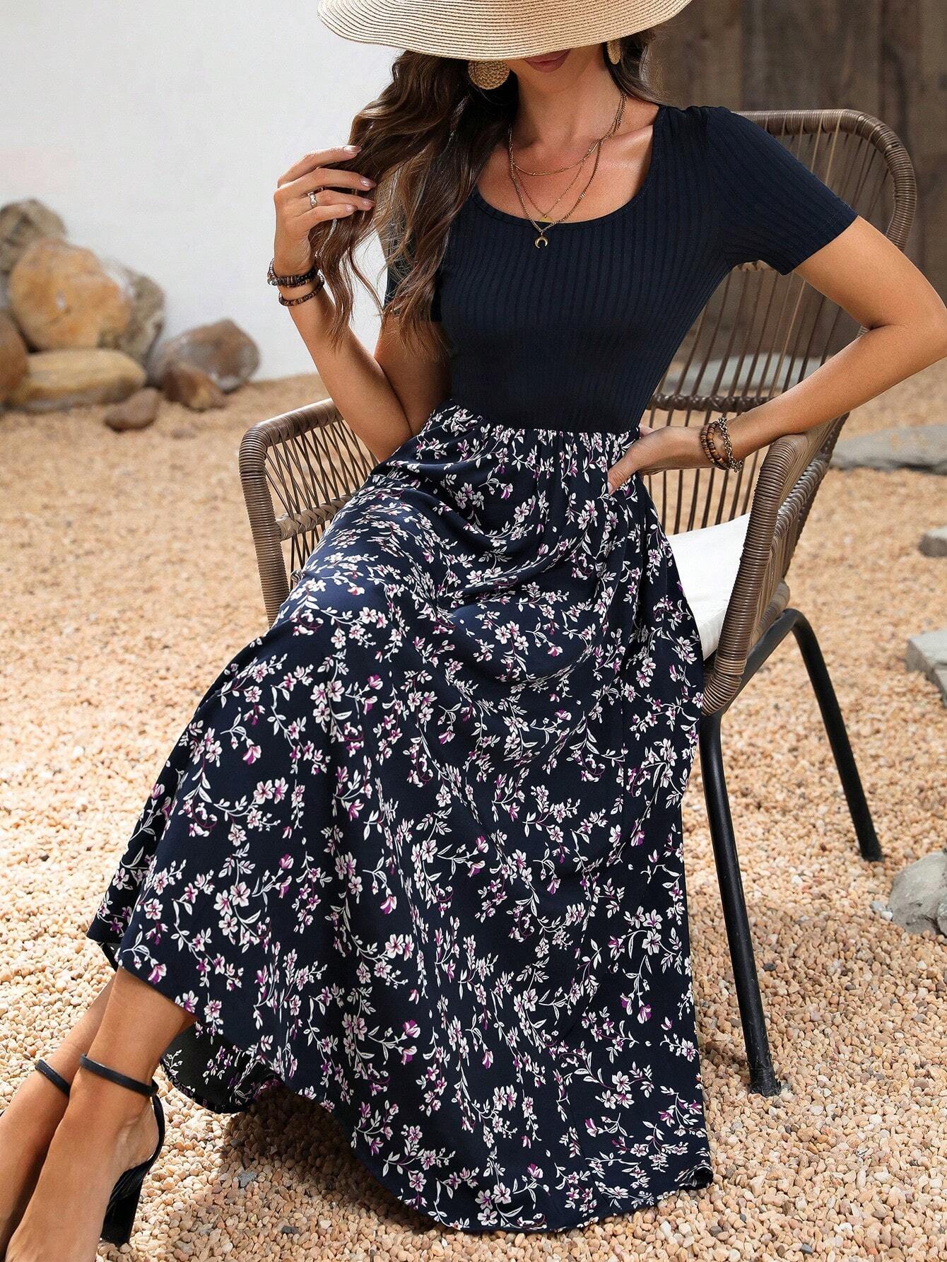 shein floral dress maxi SHEIN Clasi Floral Patchwork Dress Maxi Women Outfit | Dress