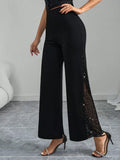 SHEIN Clasi Ladies Elegant Mesh & Glitter Splice Black Slim Straight Leg Pants