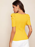  | SHEIN Clasi Puff Sleeve Rib-knit Solid Top | Top | Shein | OneHub